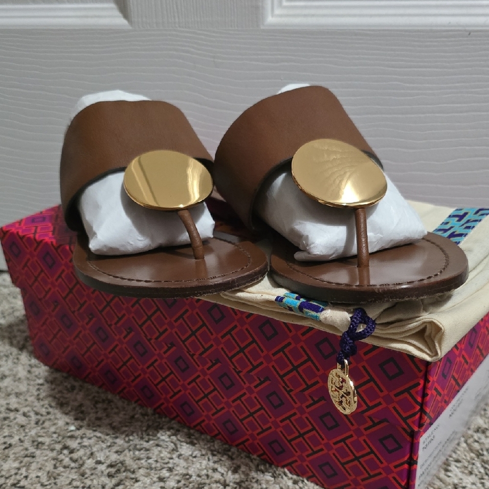 Tory Burch PATOS disk SANDALS Brown Leather Slide Sandals with Gold Accent